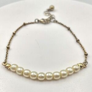 Vintage Y2K Gold Tone Faux Pearl Station Dainty Chain Bracelet Minimalist Retro